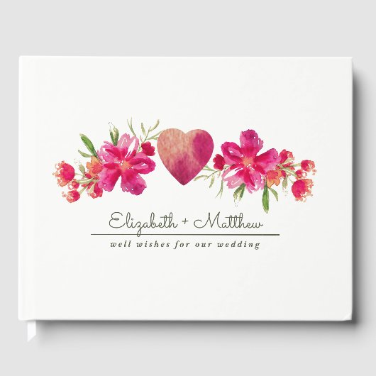 Fuchsia Green Floral Waterverf Wedding Gastenboek (Voorkant)