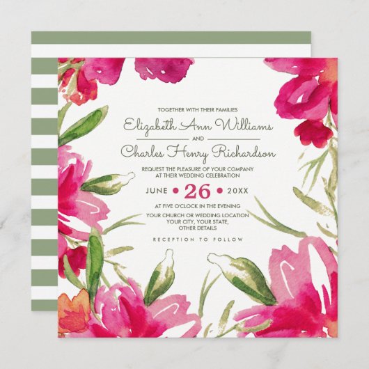 Fuchsia Green Floral Waterverf Wedding Kaart (Voorkant / Achterkant)