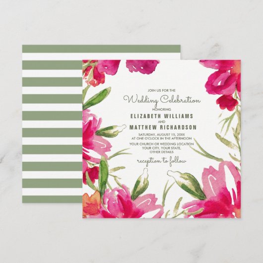 Fuchsia Green Floral Waterverf Wedding Kaart (Voorkant / Achterkant)