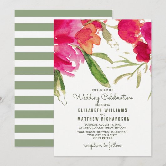 Fuchsia Green Floral Waterverf Wedding Kaart (Voorkant / Achterkant)