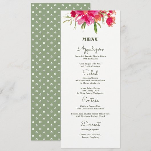 Fuchsia Green Floral Waterverf Wedding Menu Kaarte (Voorkant / Achterkant)