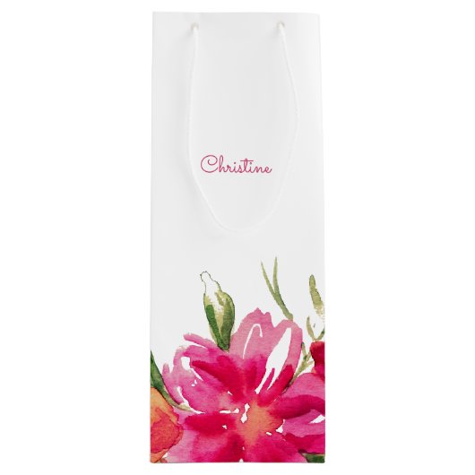 Fuchsia Green Waterverf Floral Wedding Wijn Cadeautas (Voorkant)