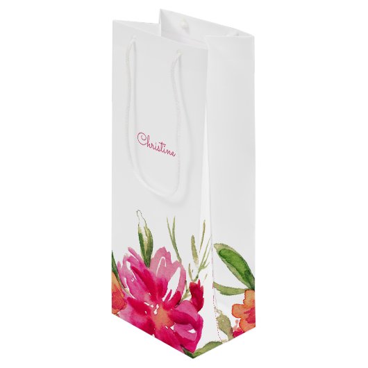 Fuchsia Green Waterverf Floral Wedding Wijn Cadeautas (Voorkant Gekanteld)