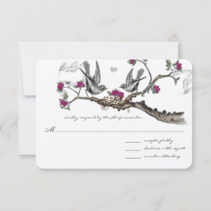 Fuchsia & grijs vintage vogels trouwkaarten RSVP kaartje