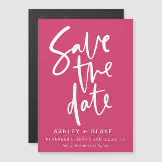 Fuchsia Handgeschreven Modern sparen de Datum Magnetische Uitnodiging