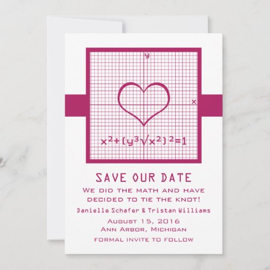 Fuchsia Hart Math Grafiek Bewaar deze datum uitnod Save The Date (Voorkant)