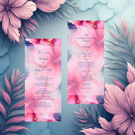 fuchsia hawaiian tropical floral hibiscus wedding programmakaart