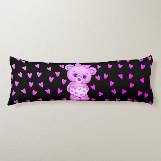 Fuchsia Heart Print Teddy Bear Body Pillow Lichaamskussen (Voorkant)