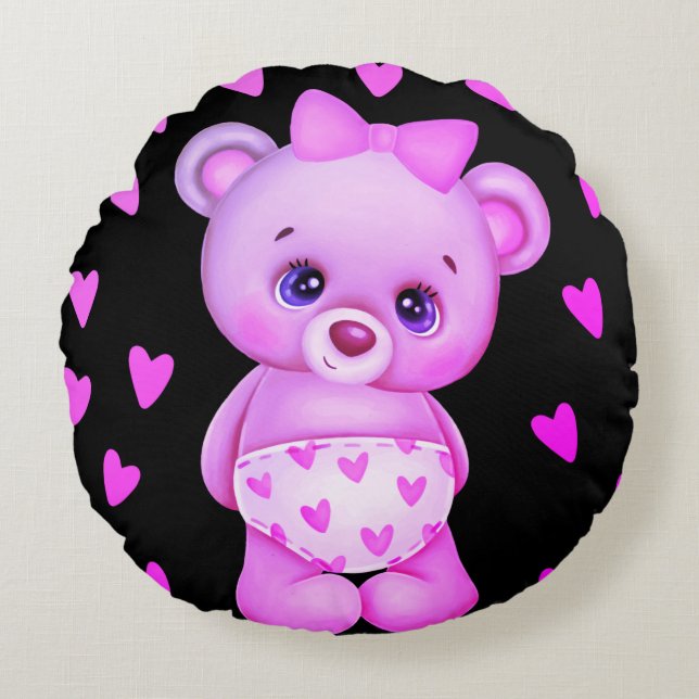 Fuchsia Heart Print Teddy Bear Sierkussen Rond Kussen (Voorkant)