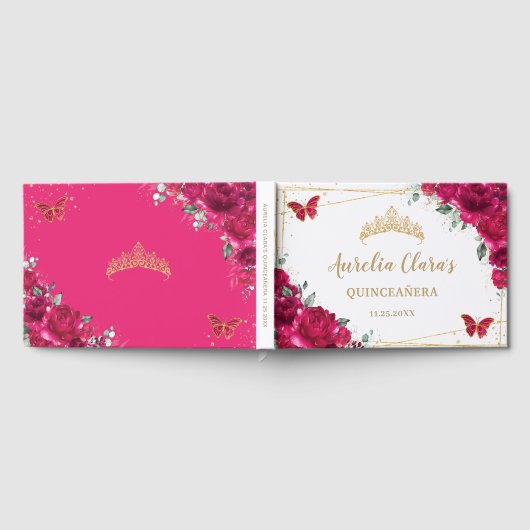 Fuchsia Heet Roze Bloemenvlinders QUINCEAÑERA Gastenboek (Volledig)