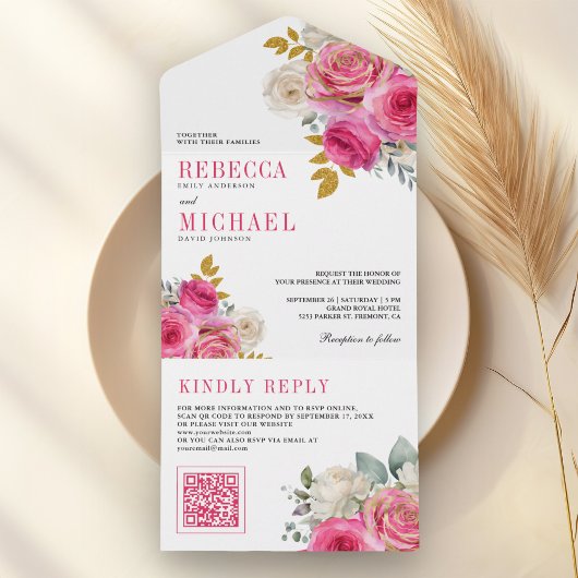 Fuchsia Heet Roze Rozen Bloem QR Code Bruiloft All In One Uitnodiging