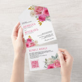 Fuchsia Heet Roze Rozen Bloem QR Code Bruiloft All In One Uitnodiging (Afscheurbaar)