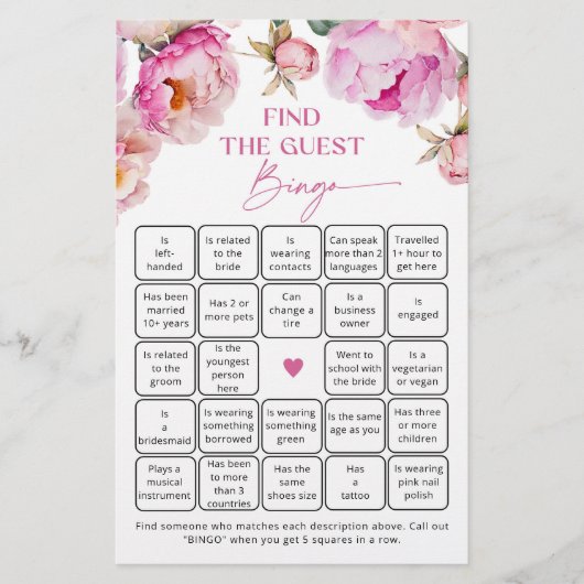 Fuchsia heldere pioen Vind het gast bingogame (Voorkant)