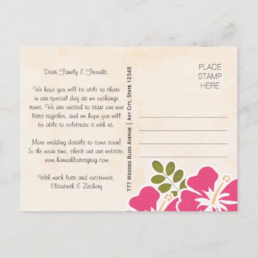 Fuchsia Hibiscus Hawaiian Save the Date Briefkaart (Achterkant)