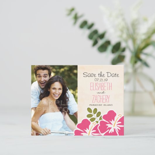 Fuchsia Hibiscus Hawaiian Save the Date Briefkaart (Staand voorkant)