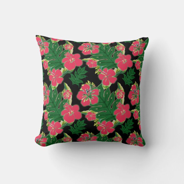 Fuchsia Hibiscus met Banana Leaf Motif Kussen (Voorkant)