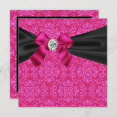 Fuchsia Hot Pink Black Damask Party uitnodiging (Voorkant / Achterkant)