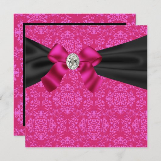 Fuchsia Hot Pink Black Damask Party uitnodiging (Voorkant / Achterkant)