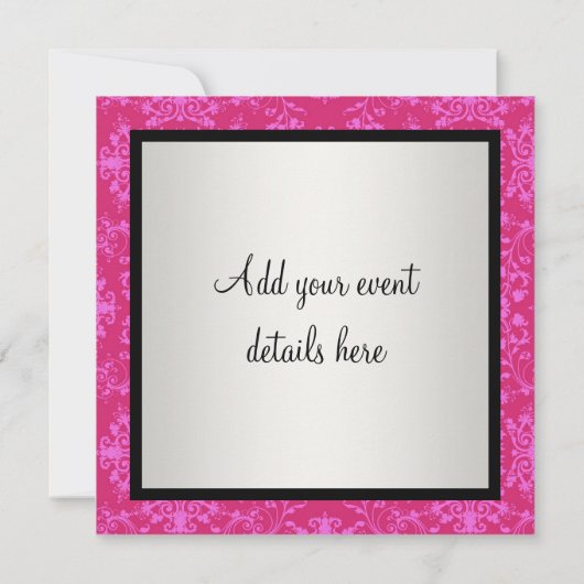 Fuchsia Hot Pink Black Damask Party uitnodiging (Achterkant)