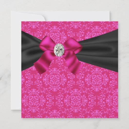 Fuchsia Hot Pink Black Damask Party uitnodiging (Voorkant)