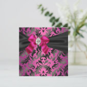 Fuchsia Hot Pink Black Damask Party uitnodiging (Staand voorkant)