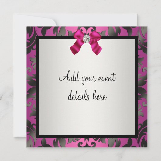 Fuchsia Hot Pink Black Damask Party uitnodiging (Achterkant)