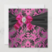 Fuchsia Hot Pink Black Damask Party uitnodiging (Voorkant)
