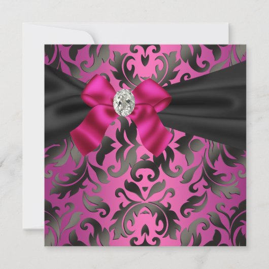 Fuchsia Hot Pink Black Damask Party uitnodiging (Voorkant)