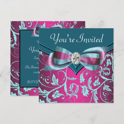 Fuchsia Hot Pink Blauwgroen Blauw All Occasion Par Kaart (Voorkant / Achterkant)