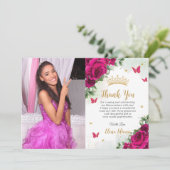 Fuchsia Hot Pink Floral Quinceañera Sweet 16 Foto Bedankkaart (Staand voorkant)