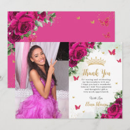 Fuchsia Hot Pink Floral Quinceañera Sweet 16 Foto Bedankkaart