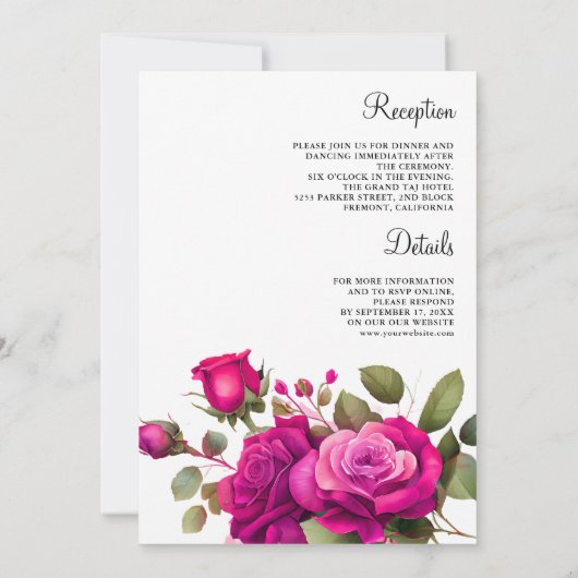 Fuchsia Hot Pink Rozen Alles in één bruiloft Kaart (Achterkant)