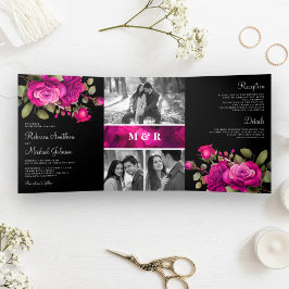 Fuchsia Hot Pink Rozen Foto Collage Zwarte Trouwda Drieluik Uitnodiging