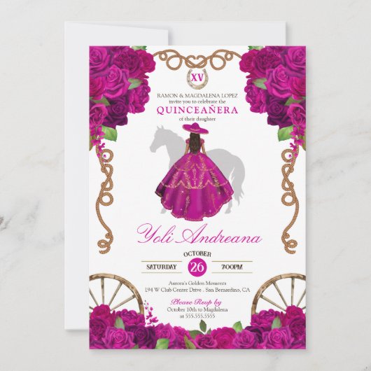 Fuchsia Hot Pink Rozen Western Charro Quinceañera Kaart (Voorkant)
