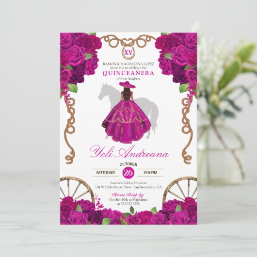 Fuchsia Hot Pink Rozen Western Charro Quinceañera Kaart (Staand voorkant)