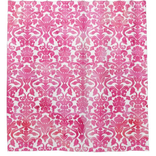 Fuchsia Hot Pink Waterverf Damask Showgordijn Douchegordijn (Voorkant)
