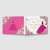 Fuchsia Hot Roze Bloemen Prinses Goud Quinceañera Gastenboek (Volledig)