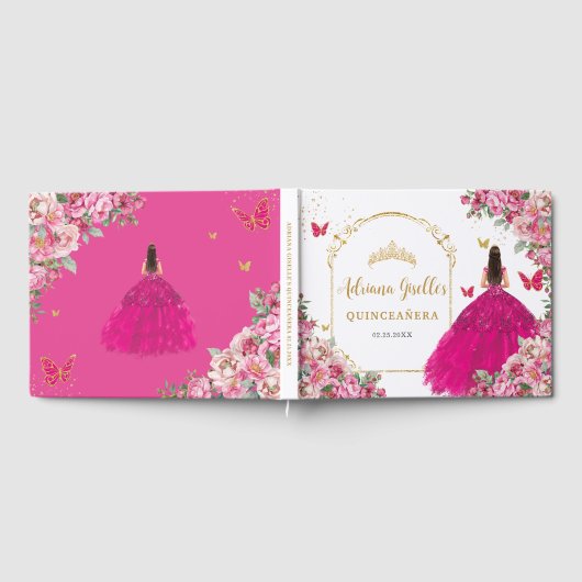 Fuchsia Hot Roze Bloemen Prinses Goud Quinceañera Gastenboek (Volledig)