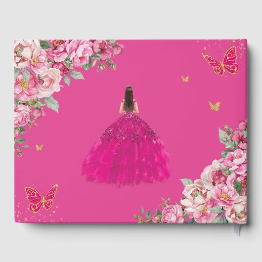 Fuchsia Hot Roze Bloemen Prinses Goud Quinceañera Gastenboek (Achterkant)