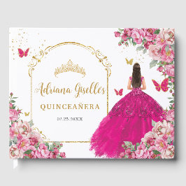 Fuchsia Hot Roze Bloemen Prinses Goud Quinceañera Gastenboek