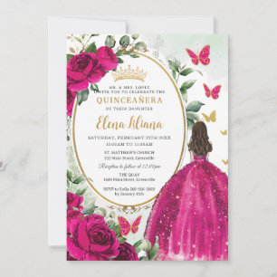 Fuchsia Hot Roze Bloemen Prinses Goud Quinceañera Kaart