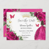 Fuchsia Hot Roze Bloemen Prinses Goud Quinceañera Save The Date (Voorkant / Achterkant)