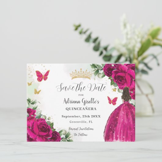 Fuchsia Hot Roze Bloemen Prinses Goud Quinceañera Save The Date (Staand voorkant)