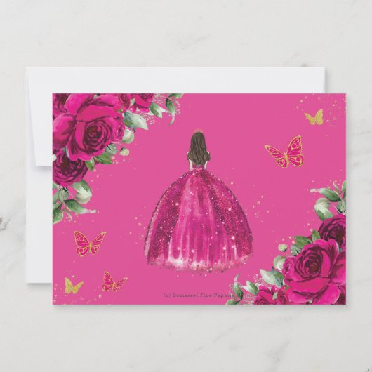Fuchsia Hot Roze Bloemen Prinses Goud Quinceañera Save The Date (Achterkant)