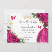 Fuchsia Hot Roze Bloemen Prinses Goud Quinceañera Save The Date (Voorkant)