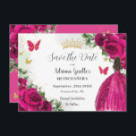 Fuchsia Hot Roze Bloemen Prinses Goud Quinceañera Save The Date<br><div class="desc">Personaliseer deze fuchsia hete roze bloemenquinceañera / Sweet 16 birthday en bewaar de datum gemakkelijk en snel. Klik op de knop verder aanpassen om de teksten te bewerken, lettertypen en lettertypekleuren te wijzigen. Met een meisje gekleed in een prachtige glitterige fuchsia baljurk, levendige fuchsia rozen, vlinders en gouden elementen. Overeenkomende...</div>