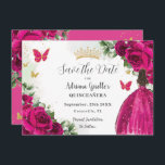 Fuchsia Hot Roze Bloemen Prinses Goud Quinceañera Save The Date<br><div class="desc">Personaliseer deze fuchsia hete roze bloemenquinceañera / Sweet 16 birthday en bewaar de datum gemakkelijk en snel. Klik op de knop verder aanpassen om de teksten te bewerken, lettertypen en lettertypekleuren te wijzigen. Met een meisje gekleed in een prachtige glitterige fuchsia baljurk, levendige fuchsia rozen, vlinders en gouden elementen. Overeenkomende...</div>