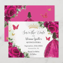 Fuchsia Hot Roze Bloemen Prinses Goud Quinceañera Save The Date