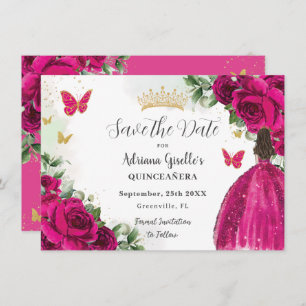 Fuchsia Hot Roze Bloemen Prinses Goud Quinceañera Save The Date