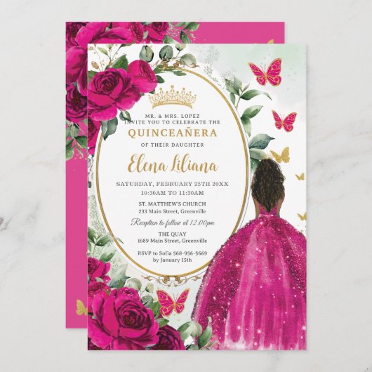 Fuchsia Hot roze bloemig bruin prinses quinceañera Kaart (Voorkant / Achterkant)